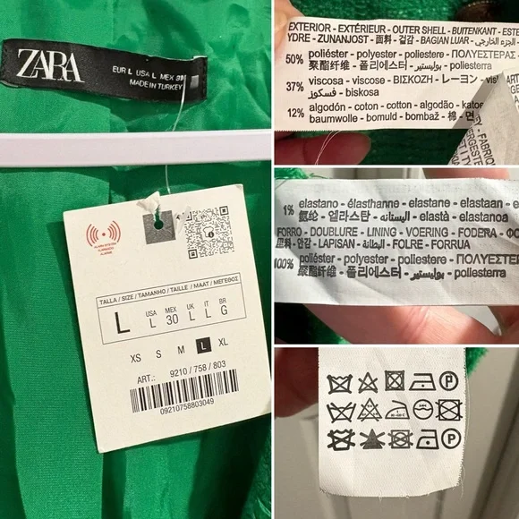Zara Textured Double Breasted Blazer Tweed Longline Fall Boho Green Sz Large NWT - Picture 11 of 11
